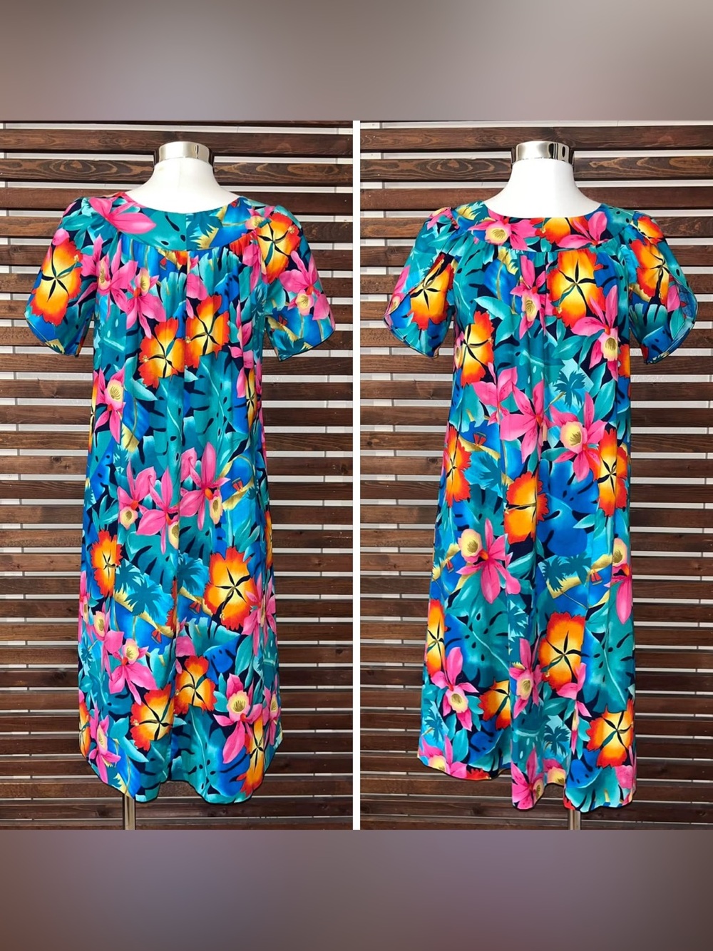 Hilo Hattie Cotton Green Orange Blue Black Pink Floral Short Sleeve MIdi Dress